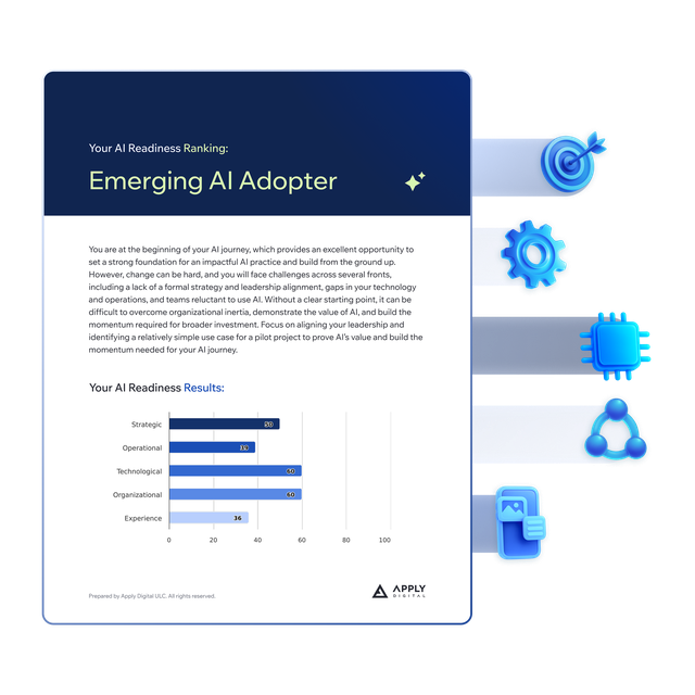 A preview of an Apply Digital custom AI Readiness Diagnostic PDF, with a ranking label of 'Emerging AI Adopter' in green, a paragraph summary, and a bar chart. Blue, 3D icons emerge from the side of the document, representing each pillar of AI readiness.