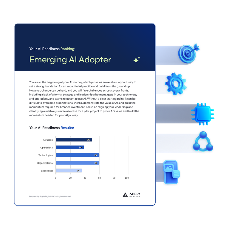 A preview of an Apply Digital custom AI Readiness Diagnostic PDF, with a ranking label of 'Emerging AI Adopter' in green, a paragraph summary, and a bar chart. Blue, 3D icons emerge from the side of the document, representing each pillar of AI readiness.