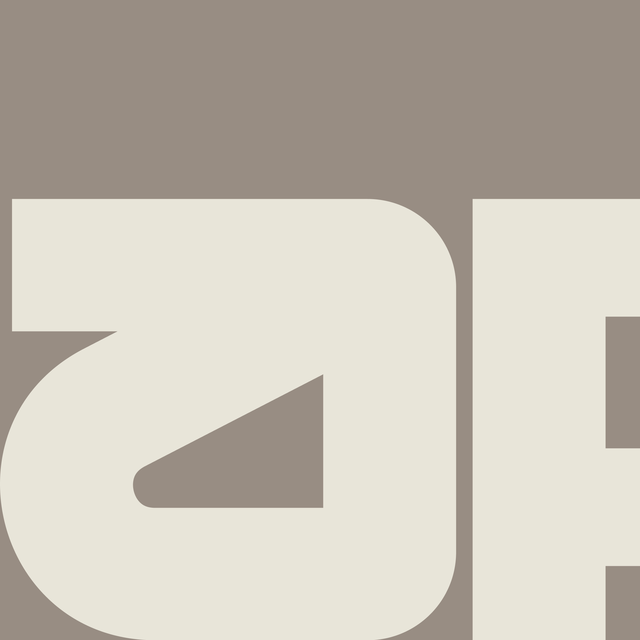 Stylized lowercase letter "a" in beige on a light gray background, with geometric shapes and bold design.