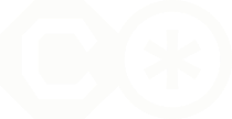 Geometric logo with a hexagon containing a letter "C" on the left and an asterisk within a circle on the right, both in white on a transparent background.