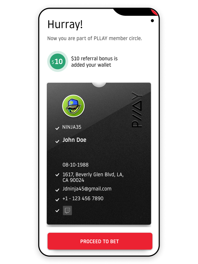 PLLAY's mobile app shows their profile information.