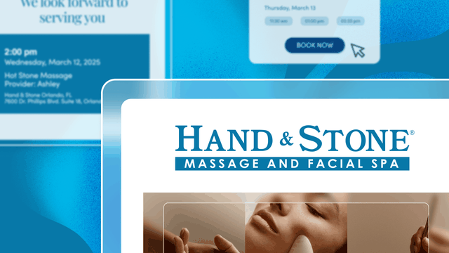 Close-up of a "Hand & Stone Massage and Facial Spa" website, showing a booking section and a relaxing massage image.