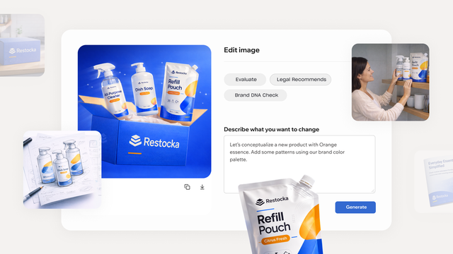 A large, clean UI window featuring a primary image of a blue branding box filled with three cleaning products: a spray bottle, a pump bottle, and a refill pouch.