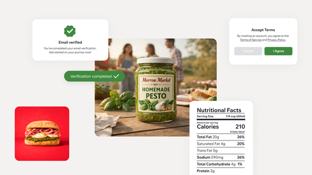 A collage showcasing a pesto jar label, a detailed nutritional facts panel, and compliance UI elements like email verification and terms of service acceptance.