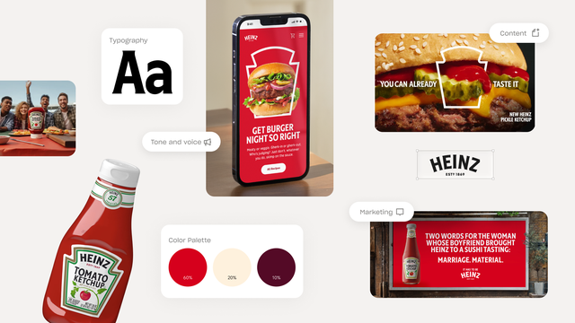 A brand identity collage , showcasing a mobile app UI, content assets like a burger ad, marketing billboards, and foundational elements including a bottle of Ketchup, a color palette, and a typography card.