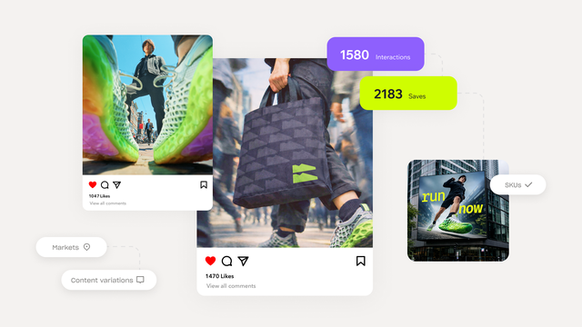 Collage showing social media posts of people wearing colorful shoes, with likes and interactions data and a digital marketing dashboard.