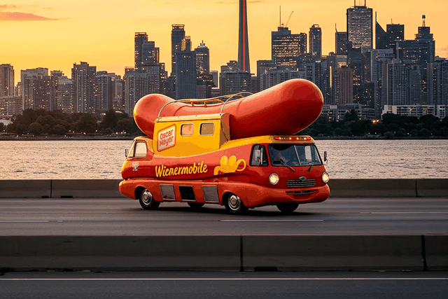 A side view of the Oscar Mayer Wienermobile, a large red and yellow vehicle shaped like a hot dog, driving on a road next to a body of water. In the distance, a city skyline is silhouetted against an orange and yellow sunset sky