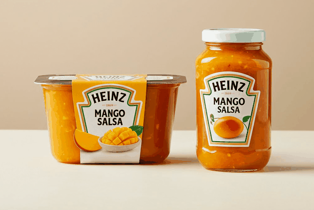 Two different packaging concepts for Heinz Mango Salsa: a clear plastic tub and a glass jar, both displaying the Heinz brand and mango graphics.