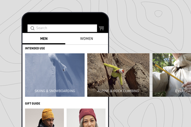 A mobile screen shows the Arc'teryx commerce app, with images emerging from the phone.