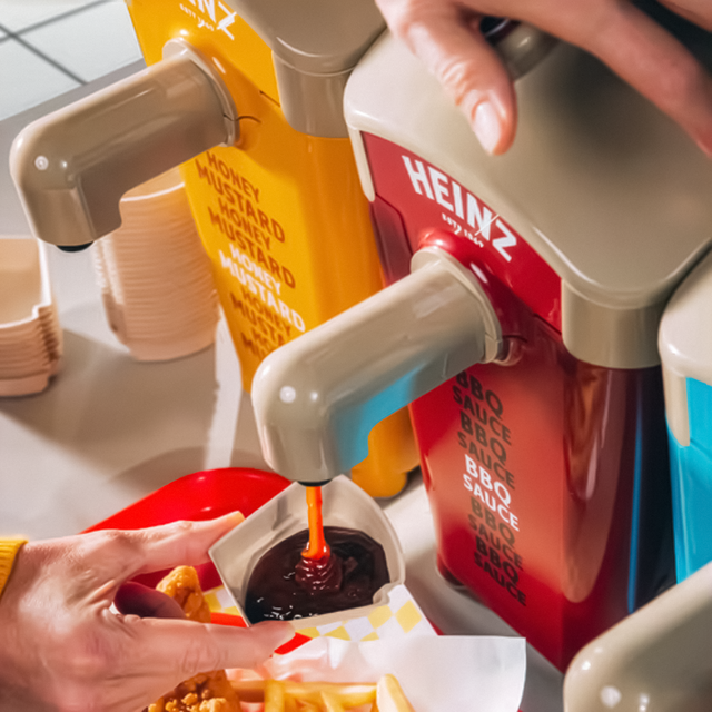 A person dispensing Heinz BBQ sauce from a red commercial pump dispenser into a small dipping cup next to a tray of french fries.
