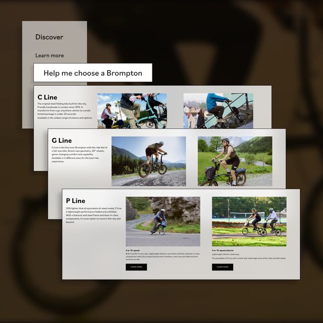 A collection of UI elements from the Brompton website with the title "Help me choose a Brompton".