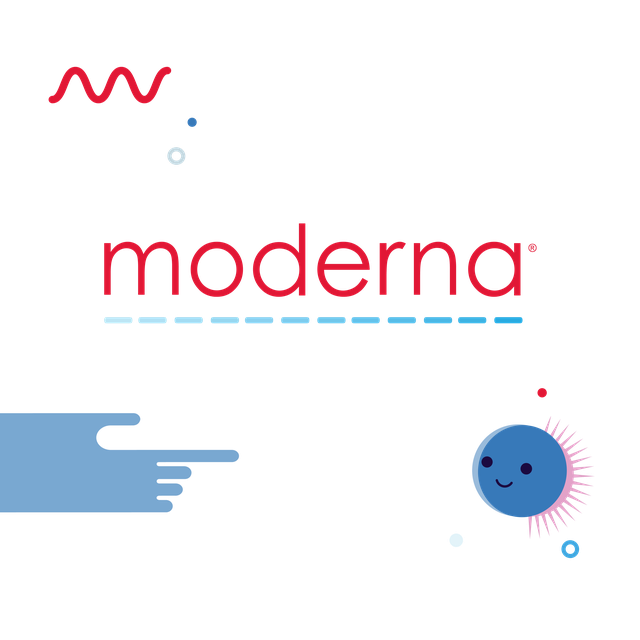 Moderna's logo with an illustration of a spikevax protein.