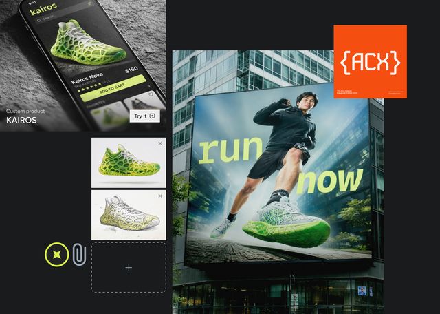 Collage featuring Kairos Nova sneakers on a phone, two shoe images, and a large billboard with a person running, text "run now."