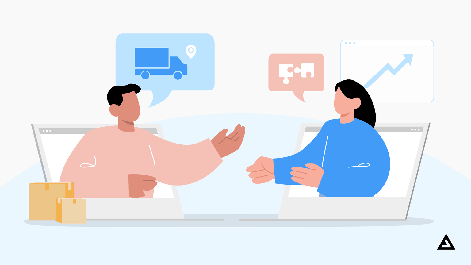 An illustration of two people speaking to each other through their laptop screens. The man's chat bubble shows a delivery truck and the woman's chat bubble shows to puzzle pieces coming together.