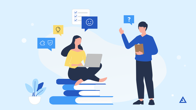 Illustration of a woman sitting on a stack of books, next to a standing man, both with word bubbles with icons inside them