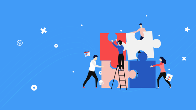 Illustration of people building a giant jigsaw puzzle