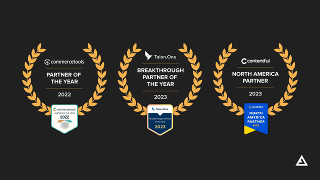 Three golden laurels with the badges of the three awards won from Contentful, commercetools, and Talon.One.