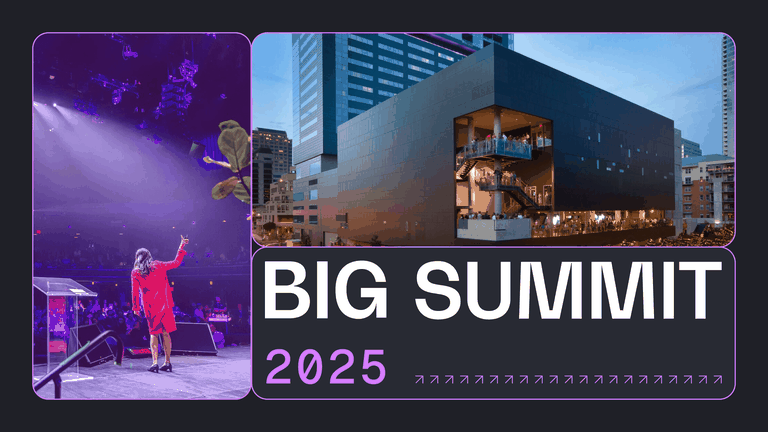 A speaker on stage with an audience, and a modern building lit up at night. Text reads "BIG SUMMIT 2025."