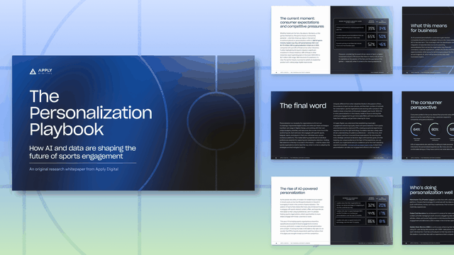 A digital presentation titled "The Personalization Playbook" with multiple slides on AI and data in sports engagement.