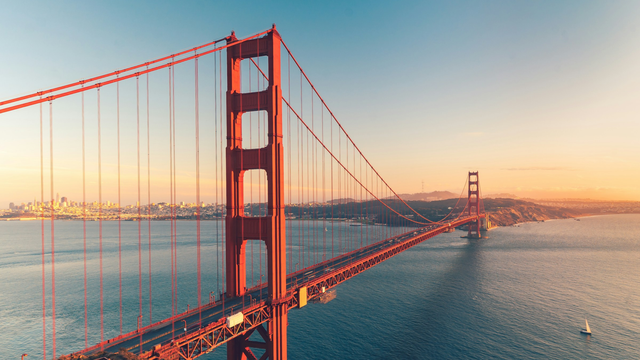 The Golden Gate Bridge in San Francisco, California at sunset.