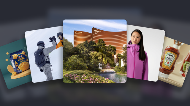 A collage featuring Kraft Mac & Cheese, skiers high-fiving, Wynn hotel, a woman in a pink jacket, and Heinz Honey Ketchup.