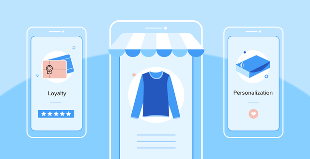 Three mobile phone screens depict retail shopping with the middle screen showing a sweater and shop awning while the other two screens display loyalty and personalization