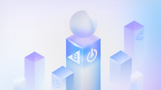 A gradient of blue and purple 3D columns with a sphere on top of the tallest column, featuring abstract symbols on the sides.