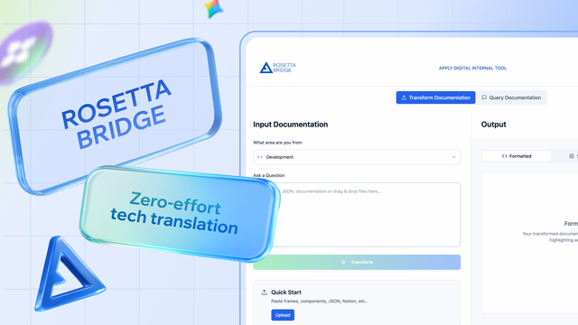 On the right side it is the mockup of a tech translation tool called Rosetta Bridge, and on the left there are glossy 3D bubbles that says "ROSETTA BRIDGE" and "Zero-effort tech translation".