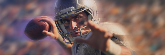 Orange cones on a football field at night with blurred light trails, creating a dynamic effect against a dark background.