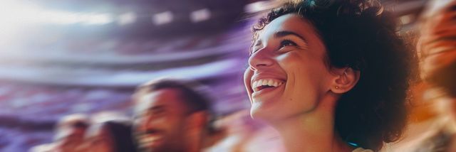 A sports fan with curly hair smiles joyfully in a blurred, colorful stadium setting, capturing a moment of excitement.