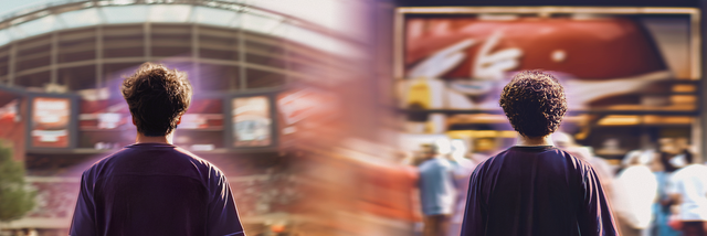 Split screen , one side a crowd gathers near a stadium and  the other side crowd gathers in shopping center at sunset, with blurred motion suggesting bustling activity and energy.