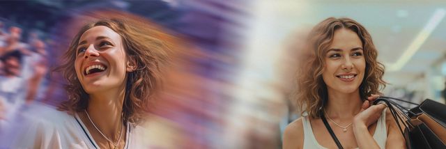 Smiling woman with curly hair in two settings: one in a sports stadium with motion blur, the other holding shopping bags in a bright environment.