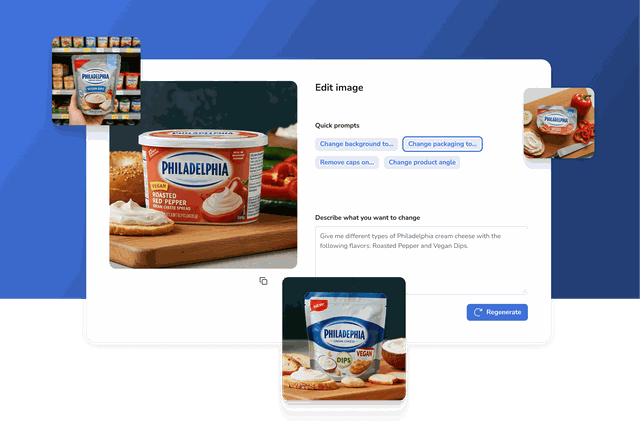 A mock-up of the Kraft Heinz AI-powered TasteMaker App, showing various Philadelphia Cream Cheese product concepts, including Roasted Red Pepper and Vegan Dips, with options to edit and the regenerate product visuals.