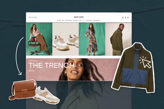 The White Stuff desktop home page. A fleece coat, brown purse, and runners are displayed.