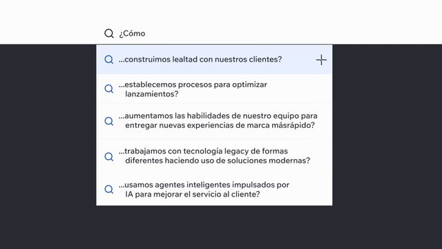 ¿Cómo: ...construimos lealtad con nuestros clientes?  ...establecemos procesos para optimizar lanzamientos? ...aumentamos las habilidades de nuestro equipo para entregar nuevas experiencias de marca más rápido?  … trabajamos con tecnología legacy de formas diferentes haciendo uso de soluciones modernas?  … usamos agentes inteligentes impulsados por IA para mejorar el servicio al cliente?