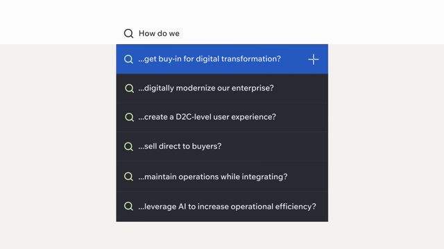 How do we ...get buy-in for digital transformation? ...digitally modernize our enterprise? ...create a D2C-level user experience? ...sell direct to buyers? ...maintain operations while integrating? ...leverage AI to increase operational efficiency?