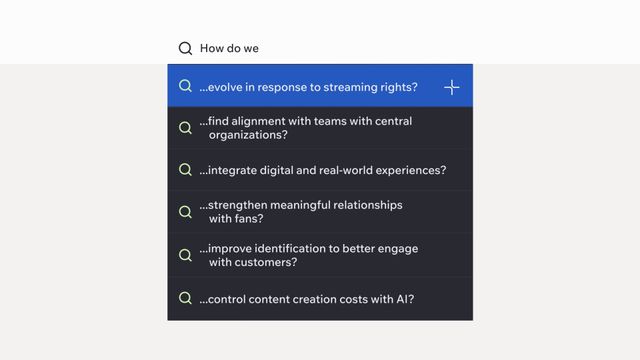 How do we:  …evolve in response to streaming rights?  …find alignment with teams with central organizations?  …integrate digital and real-world experiences?  …strengthen meaningful relationships with fans?  …improve identification to better engage with customers?  …control content creation costs with AI?