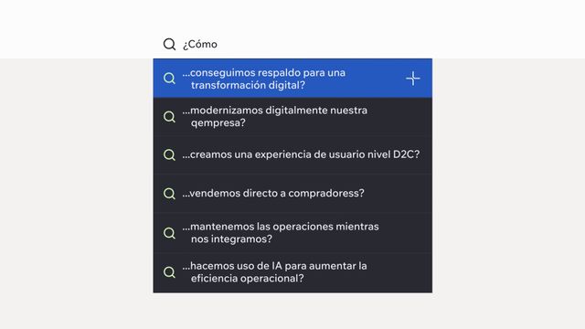 ¿Cómo  …conseguimos respaldo para una transformación digital? …modernizamos digitalmente nuestra empresa? …creamos una experiencia de usuario nivel D2C? …vendemos directo a compradores? …mantenemos las operaciones mientras nos integramos? …hacemos uso de IA para aumentar la eficiencia operacional?