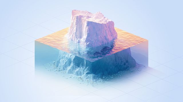 A digital illustration of an iceberg, with a detailed, reflective surface above water and a submerged section beneath, set against a gradient background.