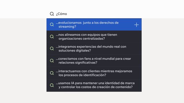 ¿Cómo:  … evolucionamos  junto a los derechos de streaming?  … nos alineamos con equipos que tienen organizaciones centralizadas?  …integramos experiencias del mundo real con soluciones digitales?  …conectamos con fans a nivel mundial para crear relaciones significativas?  … interactuamos con clientes mientras mejoramos los procesos de identificación?  … usamos IA para mantener una identidad de marca y controlar los costos de creación de contenido?