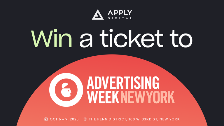 Promotional banner for a ticket giveaway to Advertising Week New York, October 6-9, 2025, at The Penn District, hosted by Apply Digital.