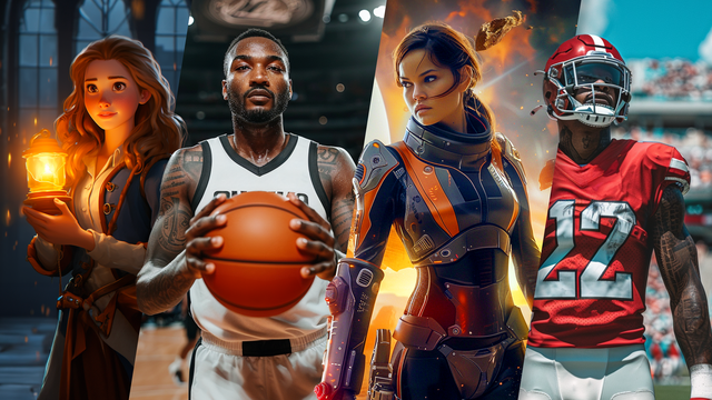 A four-column image with an animated character, a basketball player, a woman wearing a sci-fi space suit, and a football player.