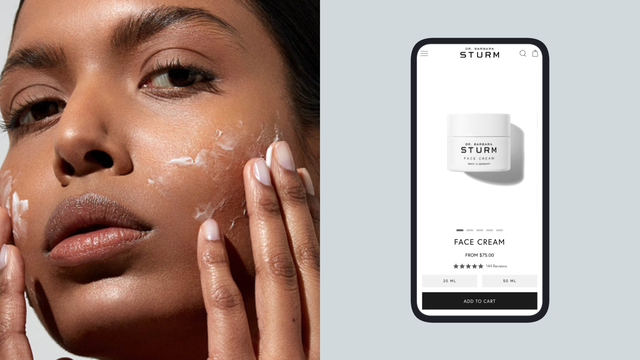 A woman puts moisturizer on her face. On the right, the mobile app for Dr. Barbara Sturm shows the product details page for face cream.