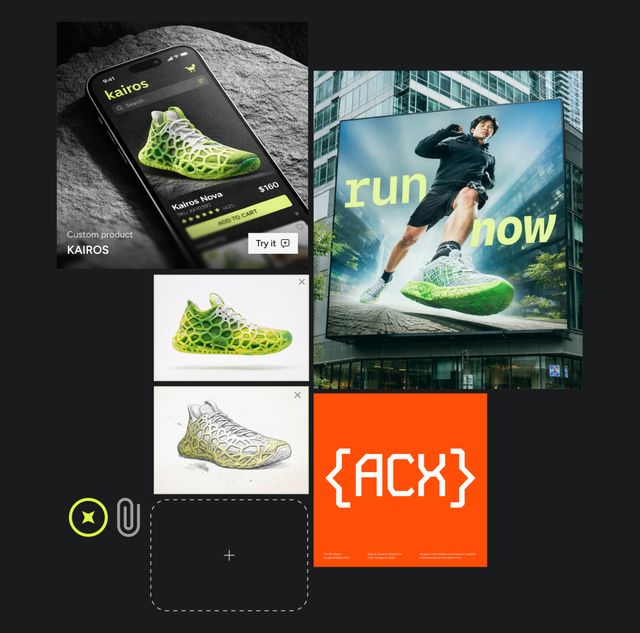 Collage showing a Kairos sneaker ad with a running man on a billboard and a mobile app showcasing green and gray mesh sneakers.