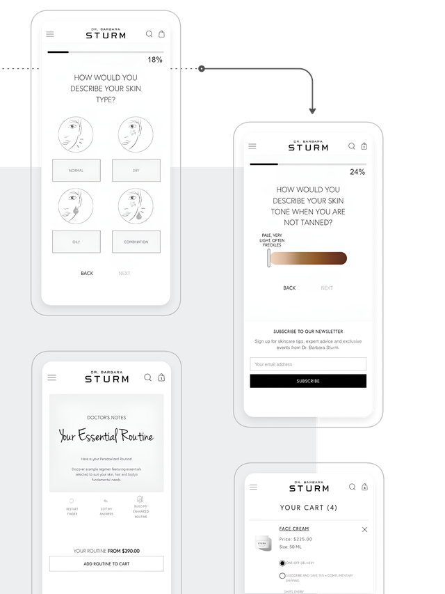 multiple mobile phone screens showing the personalized skincare tool process