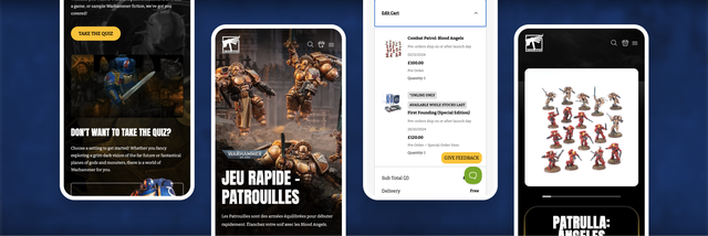 Four mobile screens of Warhammer site, from left to right it's : English site, French site, English checkout screen, Spanish site