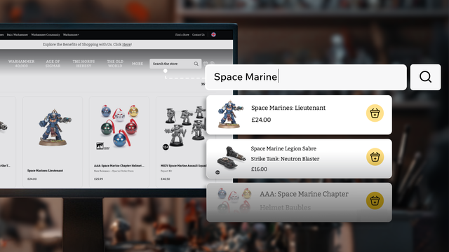 A desktop displays the Games Workshop page, with the search function popped out