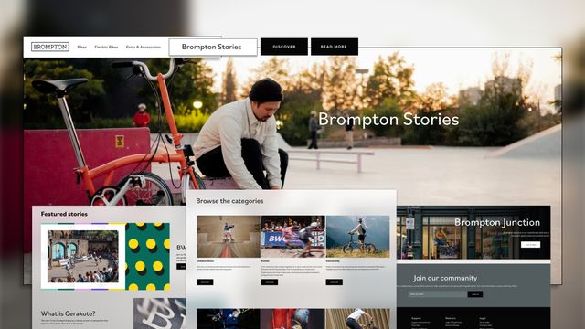 Website showcasing Brompton bicycles, featuring stories, categories, and community sections. Background shows a person with a bike in a park.