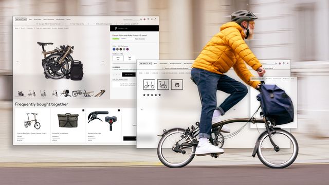 Person in yellow jacket and helmet rides a folding bike with a large bag. Overlay of online shopping pages for Brompton bike accessories.