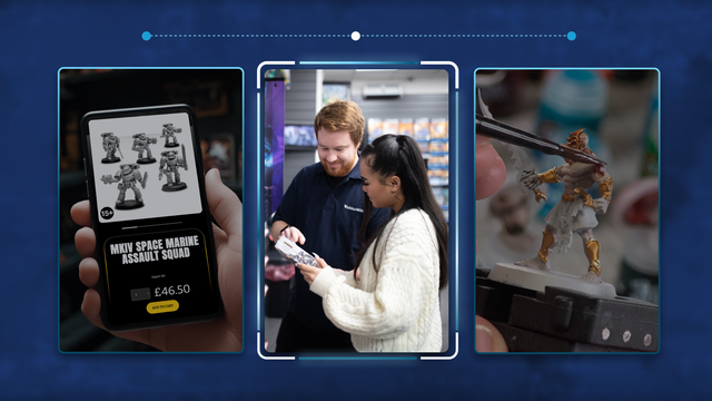A hand holding a mobile phone that shows Warhammer's online site, two people in the War Hammer store, and someone painting a miniature figurine.